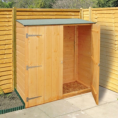 a 4x2 wooden garden storage shed with double doors, one of them ajar