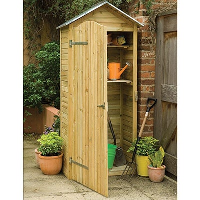 a tall, wooden tool shed with an open full-length door
